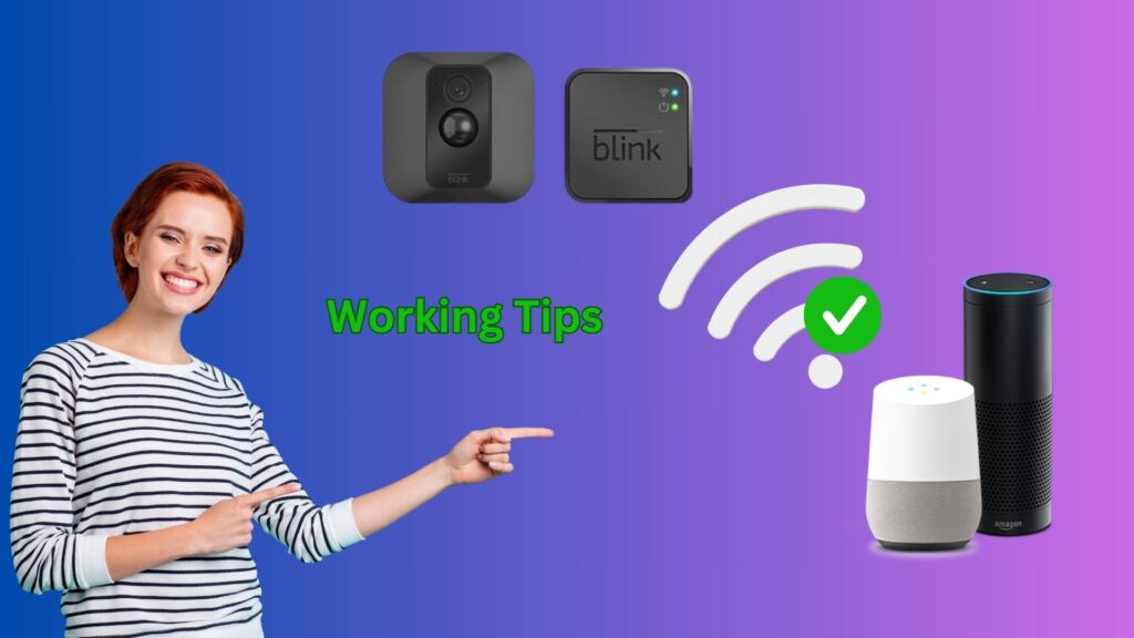 An image showing a Blink security camera and an Amazon Echo device, accompanied by icons representing Wi-Fi signal strength and a stable connection, illustrating tips to troubleshoot connectivity issues.