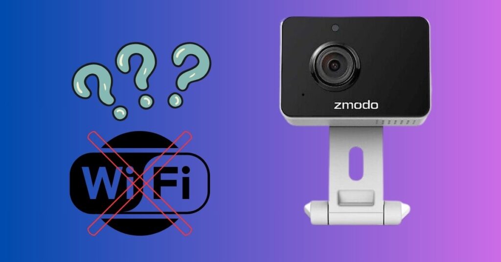 Illustration of a Zmodo security camera and a Wi-Fi signal with a red 'X', representing common issues preventing connection to Wi-Fi